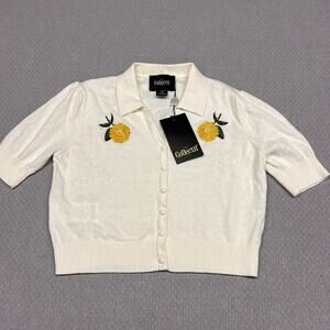 Collectif Cardigan Sweater Womens 8 White Flower Knit Collared Preppy Cropped